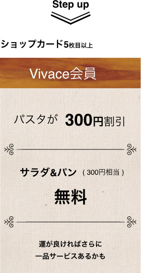 ショップカード5枚目以上 Vivace会員 パスタが300円割引 サラダ&パン(300円相当) 無料 運が良ければさらに一品サービスあるかも